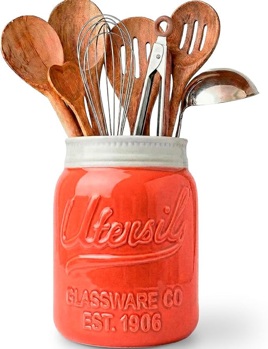 Comfify Wide Mouth Mason Jar Utensil Holder Decorative Kitchenware Organizer Crock, Dishwasher Safe - Kitchen Caddy, Large Size 7" High - Coral by Comfify