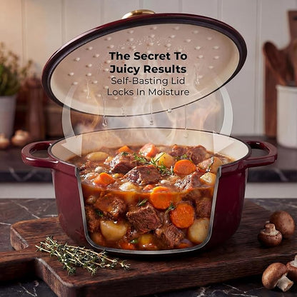 Zulay Kitchen 6 Quart Enameled Cast Iron Dutch Oven Pot with Lid – Premium Durability & Oven Safe up to 500°F – Heavy Duty Cookware Perfect for Bread Baking, Stews, Braising & Roasting – Garnet - Image 4