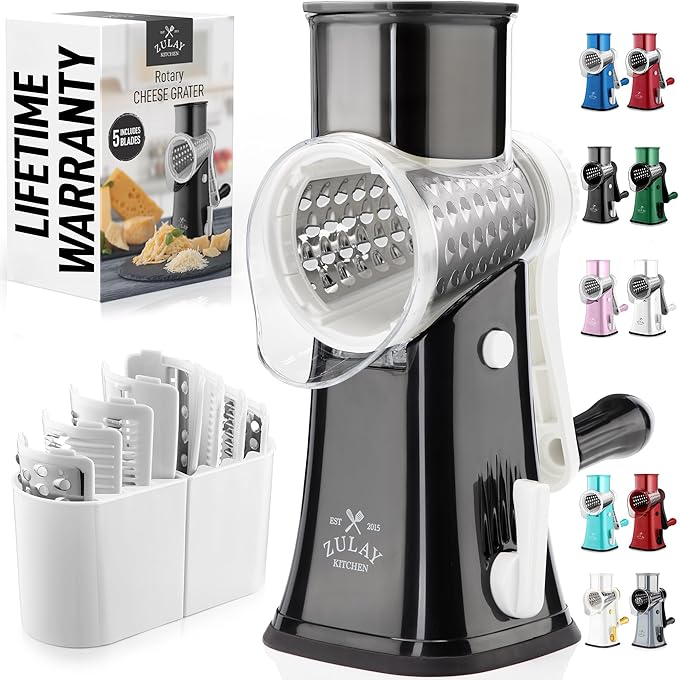 Zulay Kitchen Rotary Cheese Grater 5 Blade Cheese Shredder - Manual Hand Crank Cheese Grater With Reinforced Suction & 5 Interchangeable Drums - Easy to Use, Vegetable Chopper Round Mandoline Slicer by ZulayKitchen