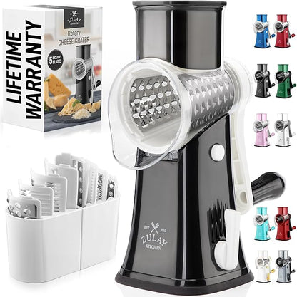 Zulay Kitchen Rotary Cheese Grater 5 Blade Cheese Shredder - Manual Hand Crank Cheese Grater With Reinforced Suction & 5 Interchangeable Drums - Easy to Use, Vegetable Chopper Round Mandoline Slicer by ZulayKitchen