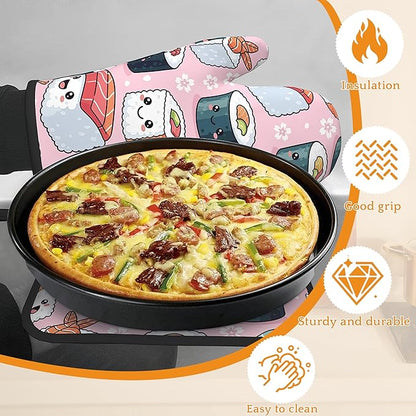 Cute Sushi Roll Japanese Oven Mitts and Pot Holders Set,Kitchen Decor Heat Resistant Non Slip Hot Pads and Oven Mitt for Chef Cooking Baking BBQ Mom Girl Gifts(4 Piece Set)