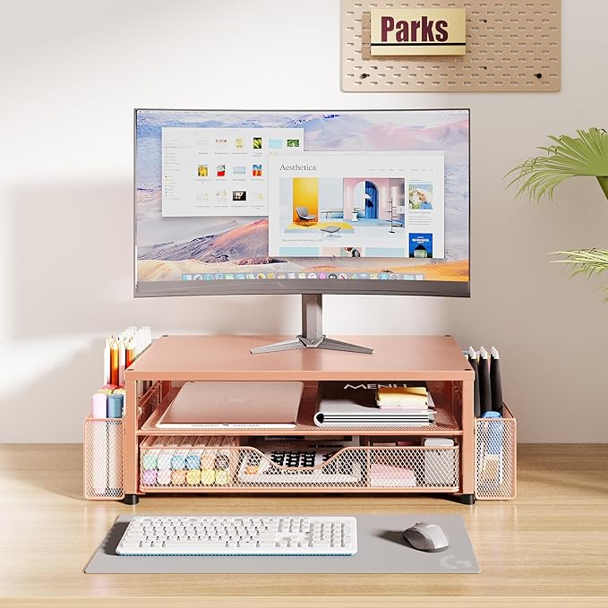 OPNICE Desk Organizers and Accessories, 2-Tier Computer Monitor Stand with Drawer and 2 Pen Holders, Laptop Stand, Office Desk Accessories for Office Supplies, Rose Gold - Image 2