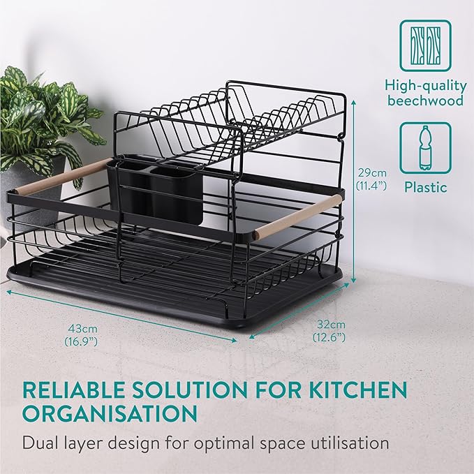 Navaris 2 Tier Dish Rack - Compact Drying Kitchen Board with Drip Tray & Cutlery Holder - Easy to Assemble and Clean Dishes - Sink Drainer Rack - Black - Image 5