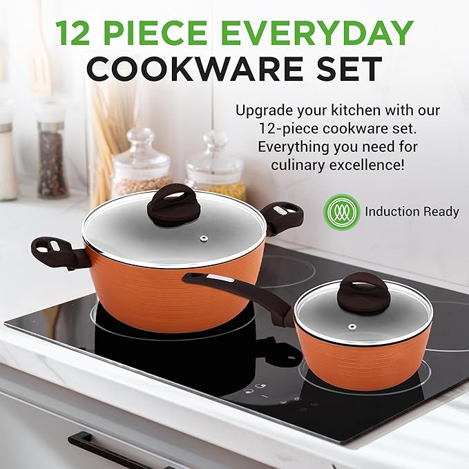 NutriChef Professional 12-Piece Brown Nonstick Cookware - PFOA/PFOS-Free, Heat Resistant Lacquer, Elegant Design, Multi-Sized Pots and Pans - Image 2