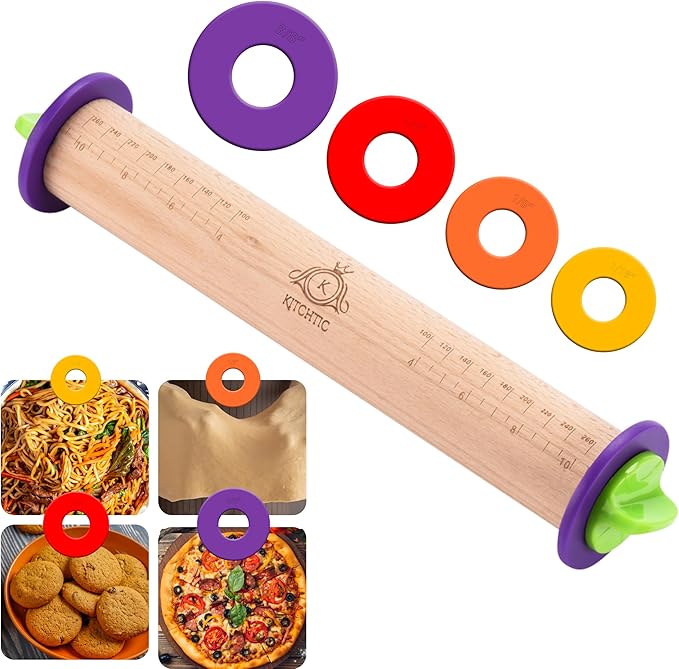 Kitchtic Rolling Pin with Thickness Rings - Adjustable Wooden Rolling Pin - Baking Essential and Roller Tool - Consistent Thickness - Easy to Clean - Beechwood Material - 13.7 x 2.75 x 2.75 inches by KITCHTIC