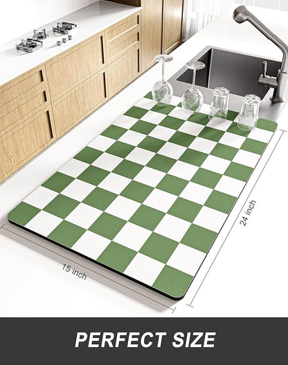 Rnivvi Dish Drying Mat for Kitchen Counter, XL 15 x 24" Cute Checkered Absorbent Draining Pad, Non-Slip Heat Resistant Coffee Bar Mat for Coffee Machine Station Accessories, Green White Dish Rack Pad - Image 2