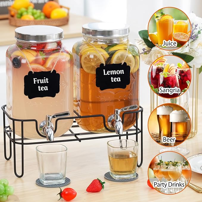 Bululuo Glass Drinks Dispenser for Parties, 2 PACK 1 Gallon Beverage Dispenser with Stand for Juice and Iced Tea, Water Jug Dispenser for Lemonade, Party Essential Beverage Pitcher with Spout - Image 6