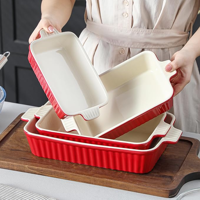 Bakeware Set of 4, MALACASA Porcelain Baking Pans Set for Oven, Casserole Dish, Ceramic Rectangular Baking Dish Lasagna Pans for Cooking Cake Pie Dinner Kitchen, Red (9.5"/11.25"/12.75"/14.5") - Image 6