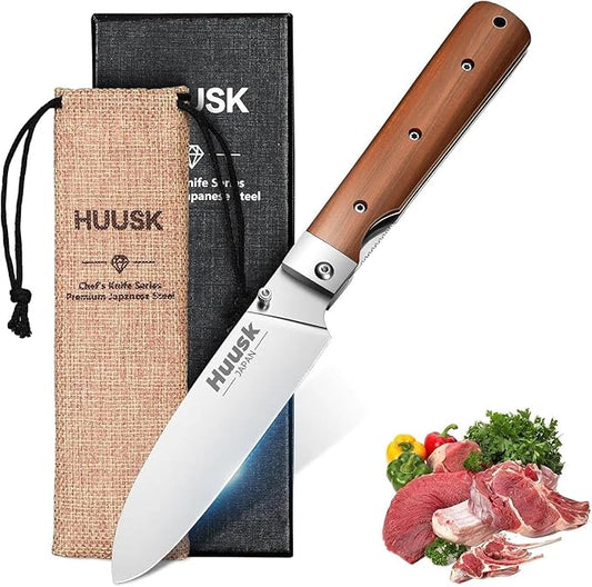 Huusk Folding Chef Pocket Knife - Japanese Santoku Knives, edc Kitchen Knives with 440C Stainless Steel Ultra Sharp Blade, Portable Meat Knives for Vegetable, Christmas Gift for Men and Women