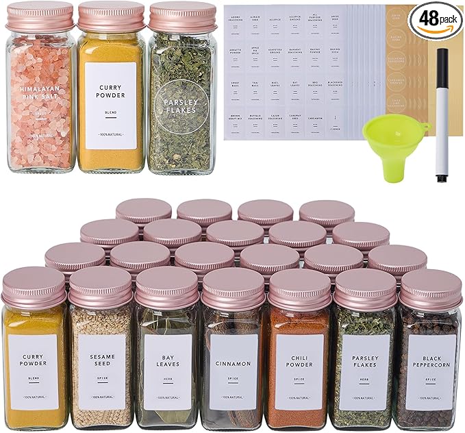 48 Pcs Glass Spice Jars with Labels and Pink Metal Caps, 4oz Empty Spice Containers with Shaker Lids, Funnel, Pen,Seasoning Storage Bottles for Spice Rack, Cabinet, Drawer by Fiwence
