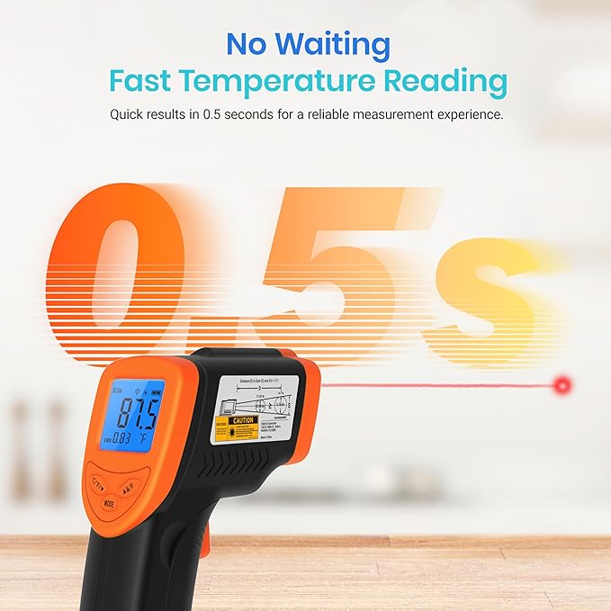 Etekcity Infrared Thermometer Laser Temperature Gun 774, Meat Food Candy Oven Thermometer for Griddle Accessories, Heat Gun for Cooking Refrigerator Tools, Adjustable Emissivity & Max Measure, Orange - Image 5