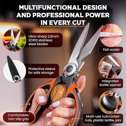 SpartaSake Premium Stainless Steel All Purpose Kitchen Shears with Sleeve - Heavy Duty Ultra Sharp kitchen Scissors for Food - Multipurpose Food Scissors for Meat Poultry Vegetable (Black-Orange)