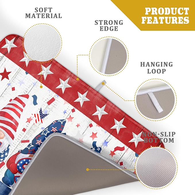 Giwawa 4th of July Gnomes Dish Drying Mat 18x24 inch Patriotic Elf Usa Stars Dish Drainer Mats Independece Day Large Microfiber Dish Drying Pad for Kitchen Countertop Holiday Decor