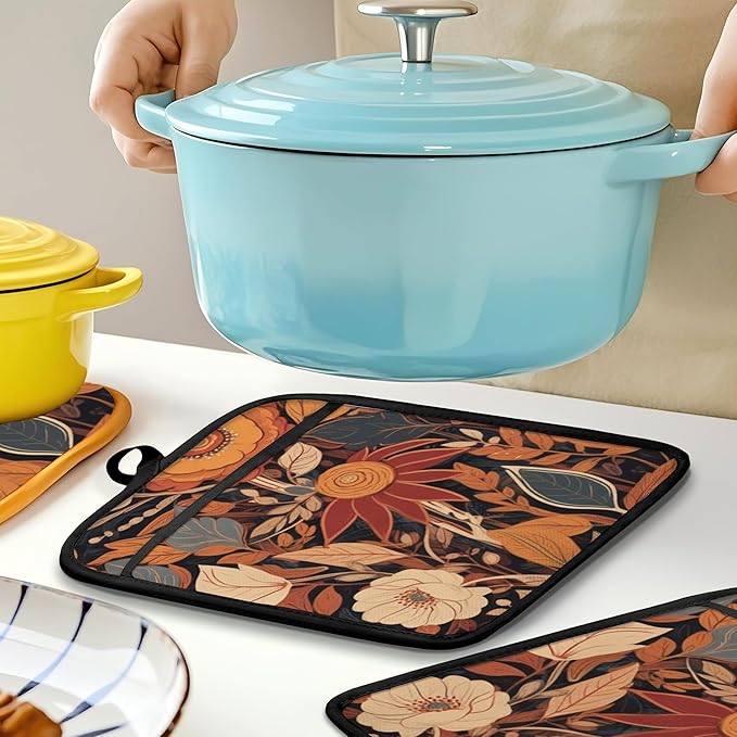 Boho Vintage Floral Pot Holders for Kitchen, Mid Century Modern Boho Flower Botanical Heat Resistant Hot Pads and Oven Mitts for Baking Cooking - Image 5