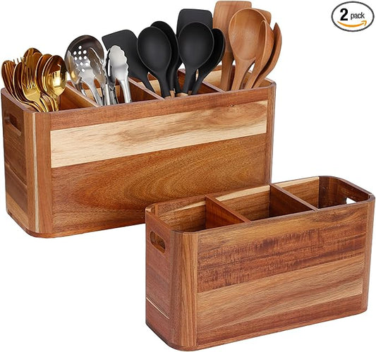 2PC Wooden Kitchen Utensil Holder for Countertop - Wall-mountable Large 4+3 Compartment Acacia Wood Organizer, Rustic Minimalist Utensil Crock for Cooking Tools and Flatware Storage