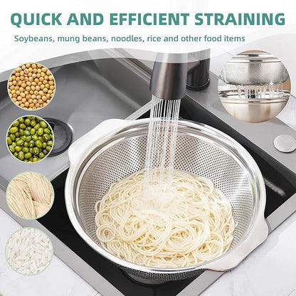 Colander for Kitchen Microporous, 5QT Strainer with Mixing Bowl Large Capacity, Stainless Steel Colander with Handle for Washing Vegetables, Fruit, Rice and Draining Cooked Pasta(2PC)