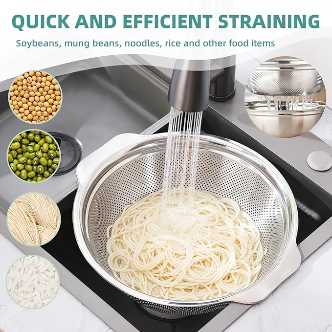 Stainless Steel Colander for Kitchen 2-Quart, Strainer Microporous with Mixing Bowl, Rice Strainer for Washing Vegetables, Fruit and Draining Cooked Pasta, Dishwasher Safe