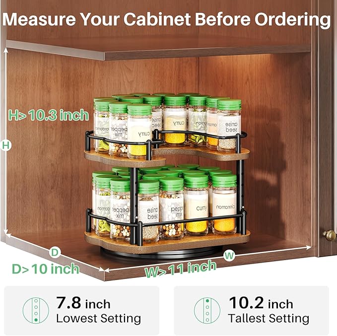 Spice Rack Organization for Cabinet - Height Adjustable Rotating Lazy Susan Organizer, Spice Organizer Fits Cabinets Wide＞ 11 inches, Clearance Height ＞10.5 inches - Image 2