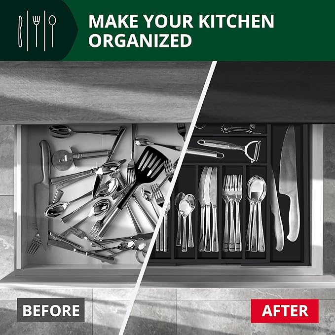 ROYAL CRAFT WOOD Luxury Bamboo Kitchen Drawer Organizer - Silverware Organizer - Utensil Holder and Cutlery Tray with Grooved Drawer Dividers for Flatware and Kitchen Utensils (9 Slot, Black) - Image 5