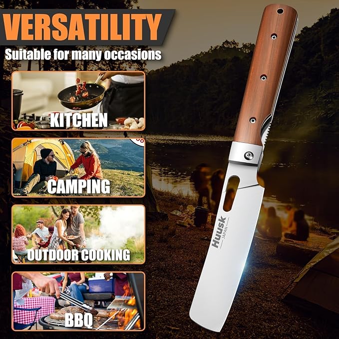 Huusk Japanese Folding Nakiri Knife - Pocket Chef Knives with 440C Stainless Steel Ultra Sharp Blade, Portable Kitchen Knife for BBQ Trip Outdoor, Christmas Gift for Men and Women