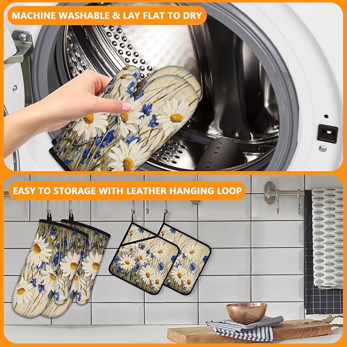 Daisy Flowers Oven Mitts and Pot Holders Sets 4Pcs,Extra Long Oven Gloves Potholder for Kitchen Cooking Baking BBQ 100% Cotton Heat Resistant - Image 5