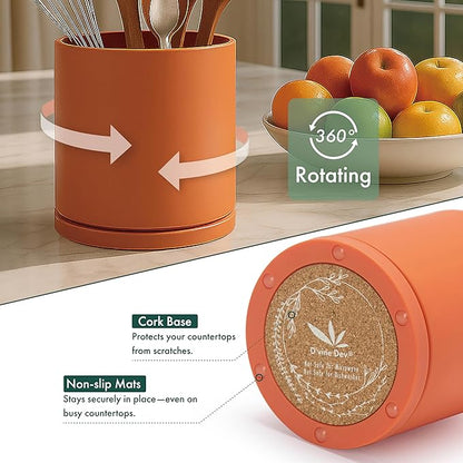 D'vine Dev 360° Rotating Utensil Holder – 7.2" Kitchen Utensil Crock for Countertop, Modern Cooking Tool Organizer for Kitchen Storage & Décor, Pumpkin, 72-X-E-2