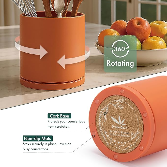 D'vine Dev 360° Rotating Utensil Holder – 5" Kitchen Utensil Crock for Countertop, Modern Cooking Tool Organizer for Kitchen Storage & Décor, Pumpkin, 72-X-E-1