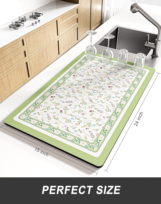 Rnivvi Dish Drying Mat for Kitchen Counter, XL 15 x 24" Cute Flower Theme Absorbent Draining Pad, Non-Slip Heat Resistant Coffee Bar Mat for Coffee Machine Station Accessories, Green Dish Rack Pad - Image 2