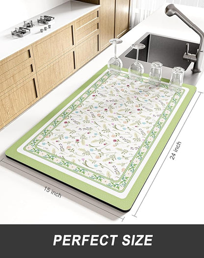Rnivvi Dish Drying Mat for Kitchen Counter, XL 15 x 24" Cute Flower Theme Absorbent Draining Pad, Non-Slip Heat Resistant Coffee Bar Mat for Coffee Machine Station Accessories, Green Dish Rack Pad - Image 2