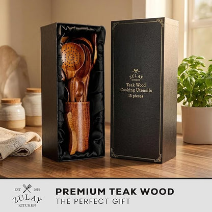 Zulay Kitchen 15-Piece Teak Wooden Utensils for Cooking - Natural Teak Utensil Set with Premium Gift Box - Non-Stick Wooden Spoons for Cooking - Kitchen Gift Set - Comfortable Grip Wooden Utensil Set - Image 2