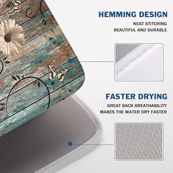Dish Drying Mat for Kitchen Counter 18 x 24 Inch Rustic Vintage Daisy Floral Dish Drainer Mat Absorbent Microfiber Farmhouse Flowers Wooden Board Dish Rack Pad for Coffee Dining Bar Decor