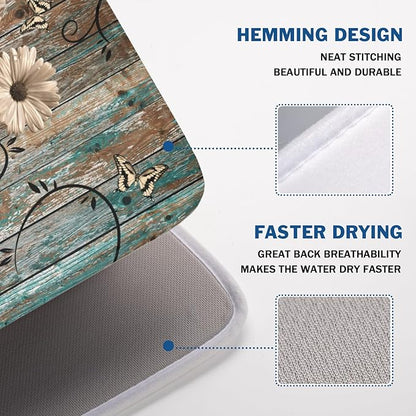 Dish Drying Mat for Kitchen Counter 18 x 24 Inch Rustic Vintage Daisy Floral Dish Drainer Mat Absorbent Microfiber Farmhouse Flowers Wooden Board Dish Rack Pad for Coffee Dining Bar Decor