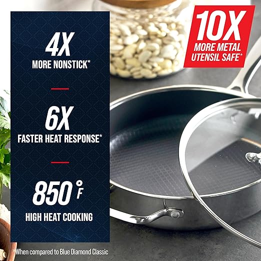 Blue Diamond Hybrid Nonstick Stainless Steel 4QT Saute Pan with Glass Lid, PFAS-Free Ceramic Diamond Bond, Deep Jumbo Skillet, Induction Ready, Dishwasher & Metal Utensil Safe, Stay-Cool Handle - Image 4