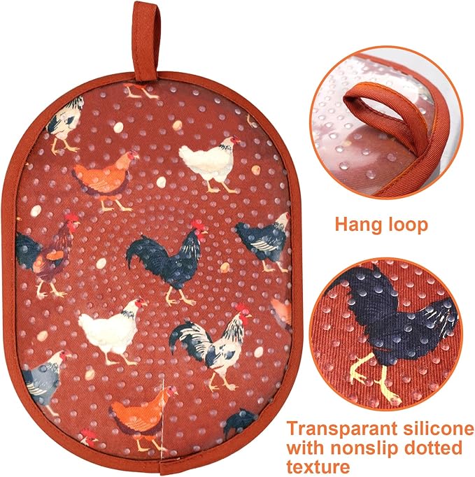 Pot Holders Set of 2 with Transparent Clear Silicone Shell and Nice Dog Flower Cotton Lining, Heat Resistant to 500 F Kitchen Oven Gloves Pot Holder for Cooking (Rooster, Potholders) - Image 3