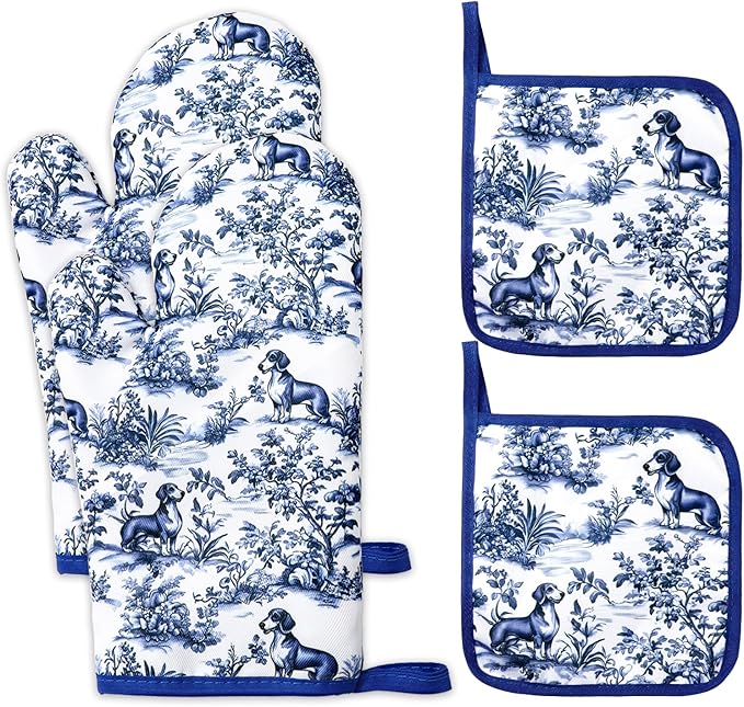 FYSUIMU 4Pcs Chinoiserie Dachshund Oven Mitts and Pot Holders Set Heat Resistant Non-Slip Potholders Blue White Botanical Dog Kitchen Oven Gloves with Hot Pads for Cooking Baking