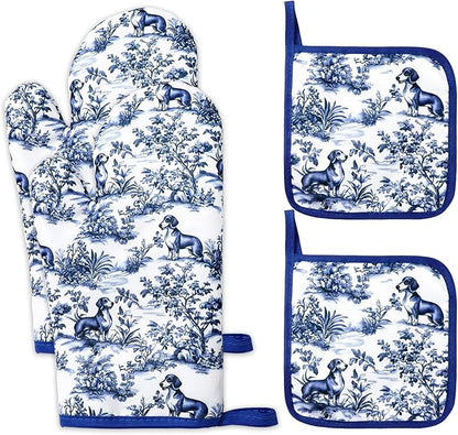 FYSUIMU 4Pcs Chinoiserie Dachshund Oven Mitts and Pot Holders Set Heat Resistant Non-Slip Potholders Blue White Botanical Dog Kitchen Oven Gloves with Hot Pads for Cooking Baking