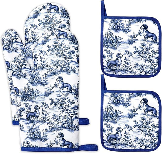 FYSUIMU 4Pcs Chinoiserie Dachshund Oven Mitts and Pot Holders Set Heat Resistant Non-Slip Potholders Blue White Botanical Dog Kitchen Oven Gloves with Hot Pads for Cooking Baking