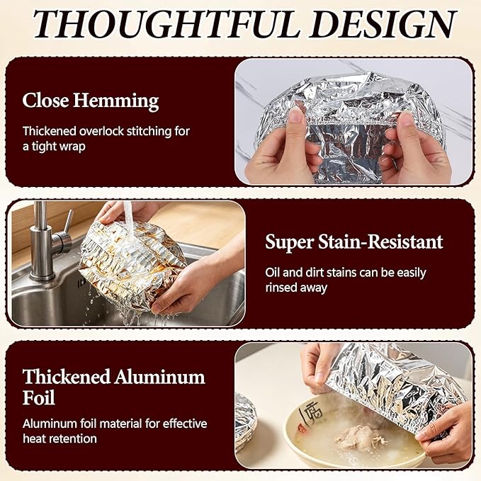 Reusable Aluminum Foil Food Cover, Heat-Insulating, Freshness-Preserving, Flexible Kitchen Lids for Meal Prep Baking Leftovers and Food Storage (50)