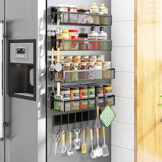 Aufworld Magnetic Spice Rack for Refrigerator, 5 Pack Magnetic Shelf, Moveable Magnetic Fridge Organizer with an 8-Hook Rack, Seasoning Organizer for Kitchen Organization (Extra with 8 Hooks) by Unknown
