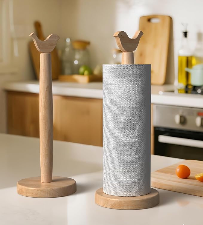 KitchLife Cute Wooden Paper Towel Holder Countertop - Solid Freestanding Paper Towel Dispenser Stand Organizer with Anti-Skid Base (Bird) - Image 6