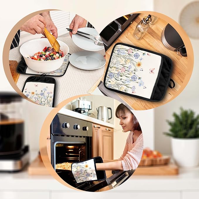 Butterfly Floral Pot Holders with Pockets, Cottagecore Wildflower Botanical Oven Pot Holders Heat Resistant Oven Mitts Hot Pads for Kitchen Baking Cooking