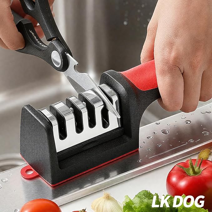 4-in-1 Kitchen Knife Sharpener, Professional Grade with Tungsten Steel and Ceramic Slots, Scissor Sharpening, Black/Red - Image 4
