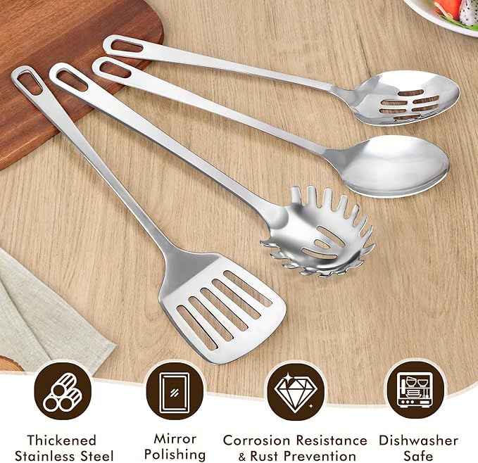 3 Pcs Stainless Steel Cooking Utensils Set, Heat Resistant Kitchen Utensils, Metal Kitchen Tools Include Solid & Slotted Spoon, Pasta Server, Ergonomic Handle, Dishwasher Safe, Easy to Clean, Silver - Image 3