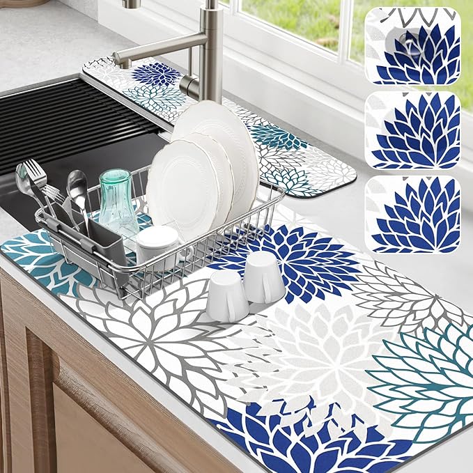 Findosom 2PCS 17" x 32" Dish Drying Mat & 24" x 5.5" Sink Splash Guard, Super Absorbent & Cuttable Dish Mat Drying Kitchen Mat with Blue Floral, Hide Stain Drying Mat for Kitchen Counter by Findosom