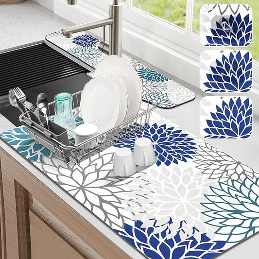 Findosom 2PCS 17" x 32" Dish Drying Mat & 24" x 5.5" Sink Splash Guard, Super Absorbent & Cuttable Dish Mat Drying Kitchen Mat with Blue Floral, Hide Stain Drying Mat for Kitchen Counter by Findosom