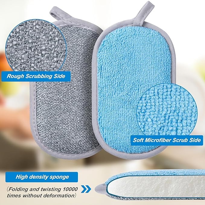 Dual-Sided Multi-Purpose Scrub Sponges, Non-Scratch Dishwashing Sponges for Kitchen, Reusable Microfiber Sponge for Efficiently Cleaning Dishes, High Density Sponge Inside (6 Pack, Large) Gray-Blue - Image 2
