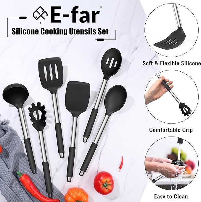 E-far 14 Pieces Silicone Cooking Utensils Set, Kitchen Utensils Set with Holder, Spatula, Ladle, Spoon, Tong, Slotted Turner for Nonstick Cookware, Heat Resistant & Stainless Steel Handle, Black - Image 4