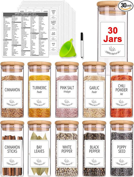 Churboro 30 Pcs Spice Jars with Label- Glass Spice Jars with Bamboo LIds and 400 Labels, 4 OZ Empty Seasoning Containers for Kitchen Sugar Salt