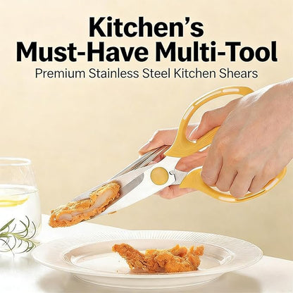 Kitchen Shears Scissors Food Scissors, 8-in-1 Multifunction Japanese Stainless Steel Meat Shears, Dishwasher Safe Sharp Shear All Purpose with Comfort Grip, Ideal for Everyday Use-Yellow