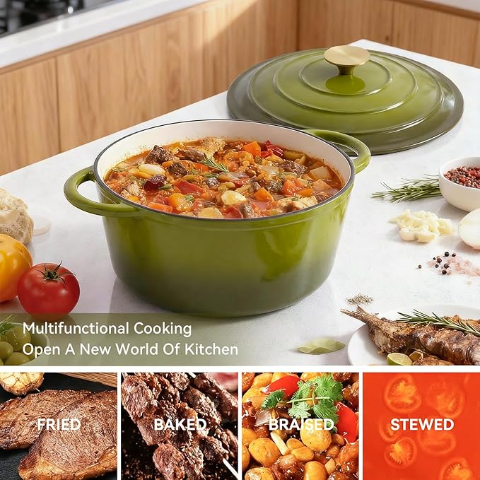 Miereirl 4.5 Quart Enameled Dutch Oven Pot with Lid, Cast Iron Dutch Oven with Dual Handles for Bread Baking, Cooking, Non-stick Enamel Coated Cookware, Golden Green - Image 4